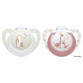 Two NUK baby pacifiers on a white background, one with a penguin design in beige and white, and the other with a giraffe design in pink and white. The text '0-6 months' is printed on the right pacifier.