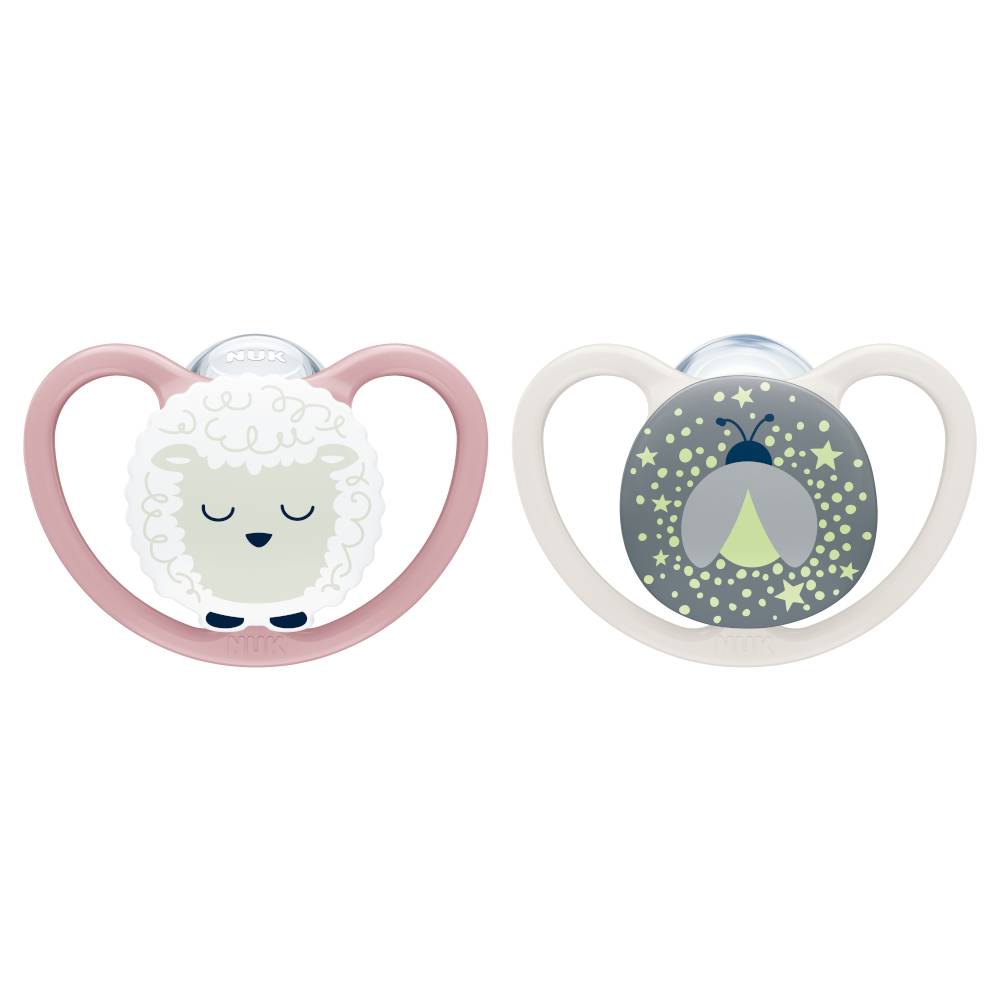 Two NUK glow in the dark pacifiers. Pink with a sheep and lady bug. 