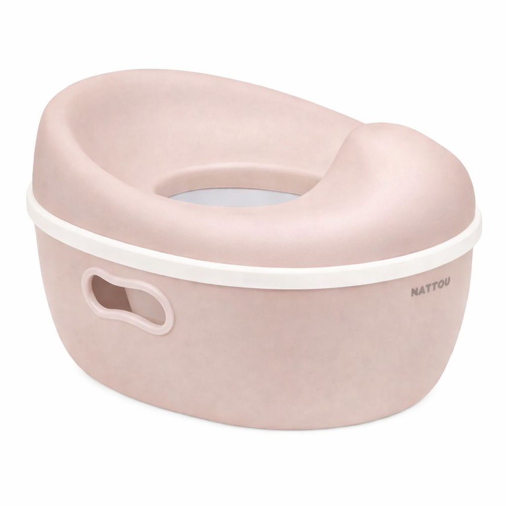 Beige baby potty with white rim on a white background