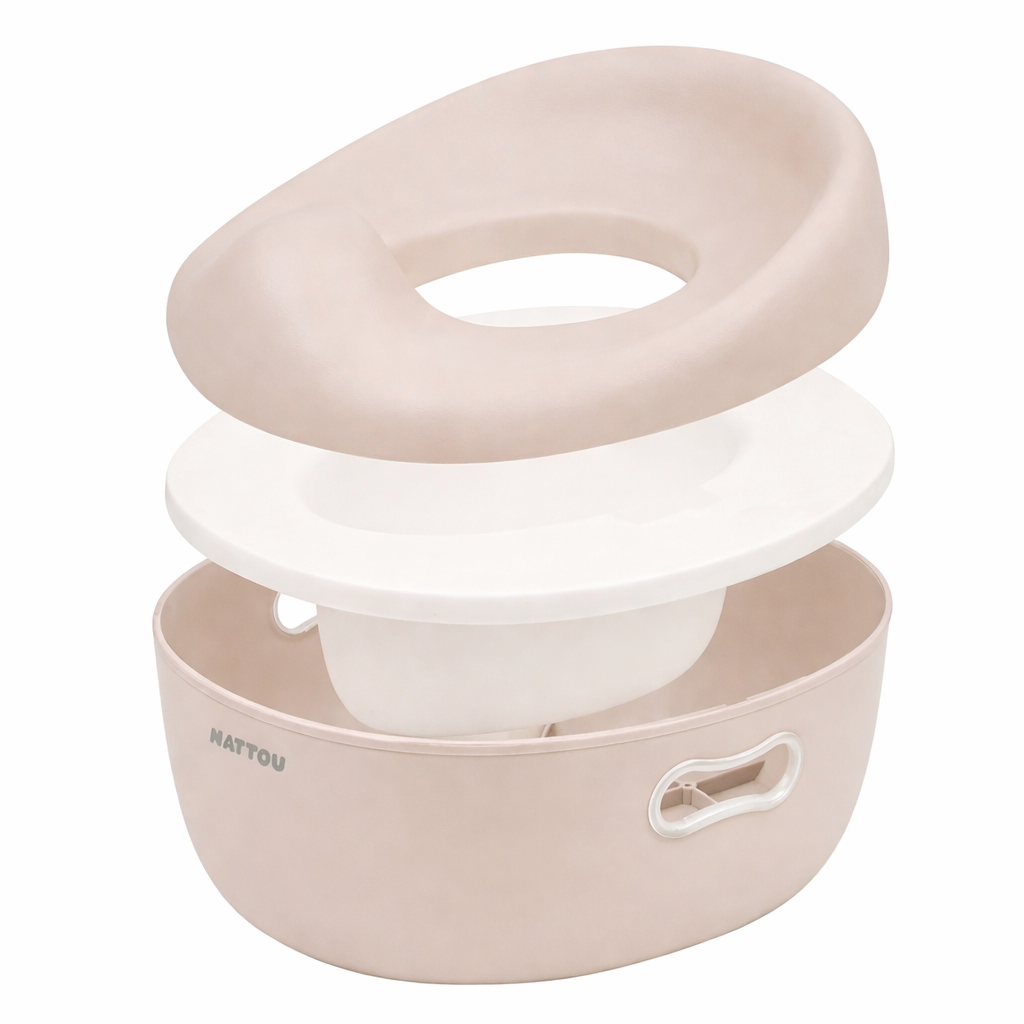 Baby potty and toilet seat with storage base on a white background