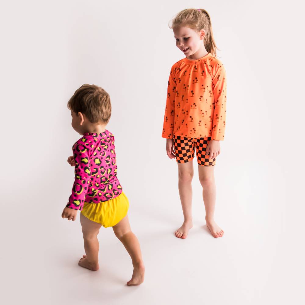 Neon Swim Shorts - Neon Orange Check