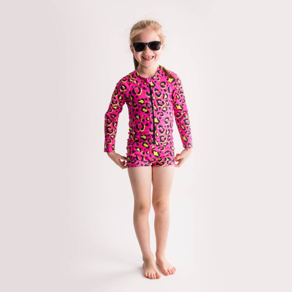 Neon Extra Shortie Swimsuit Half Zip - Pink Leopard