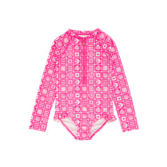Neon Sleeved Girls Swimsuit - Neon Pink Retro Surf