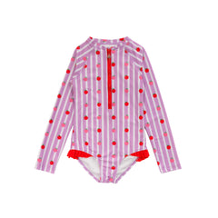 Neon Sleeved Girls Swimsuit - Striped Raspberries