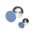Stainless Steel dipper set with blue silicone lids on a white background