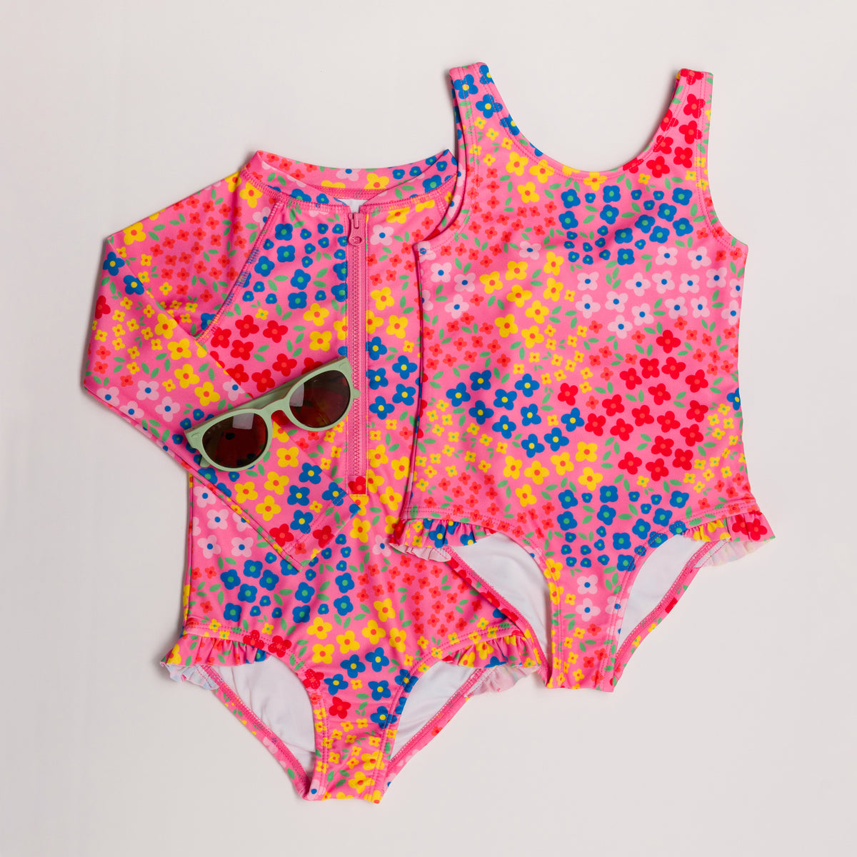 Neon Sleeved Girls Swimsuit - Hibiscus