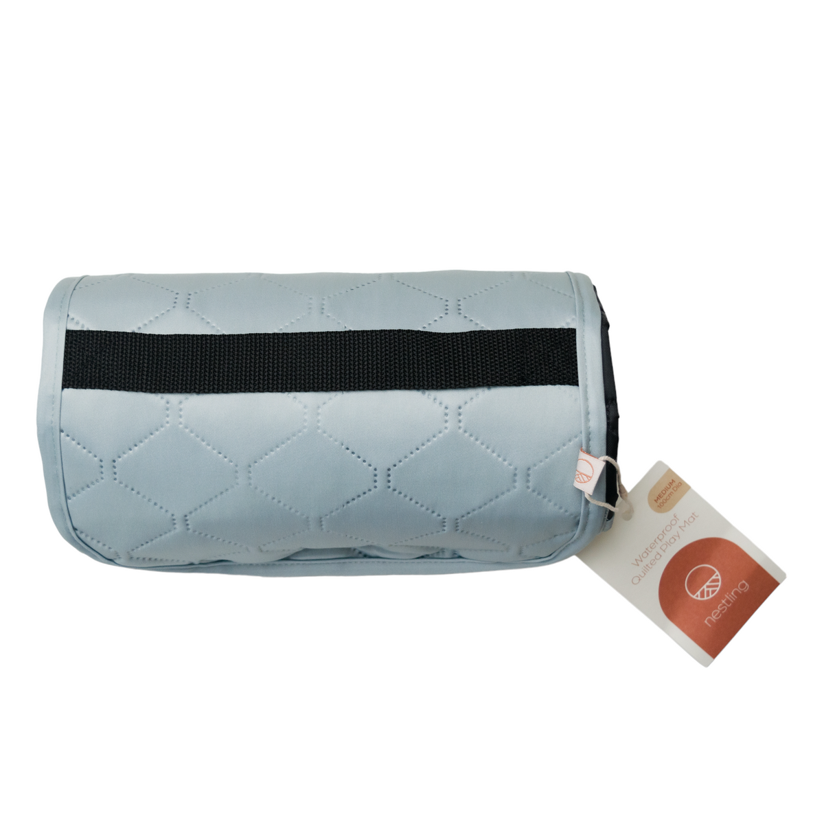 sage green waterproof children's play mat rolled up with black web handle on white background 