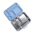 Stainless steel and blue bento box on a white background