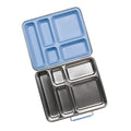 Nestling Jumbo Stainless Steel lunch boxes, one blue and one silver, on a white background.