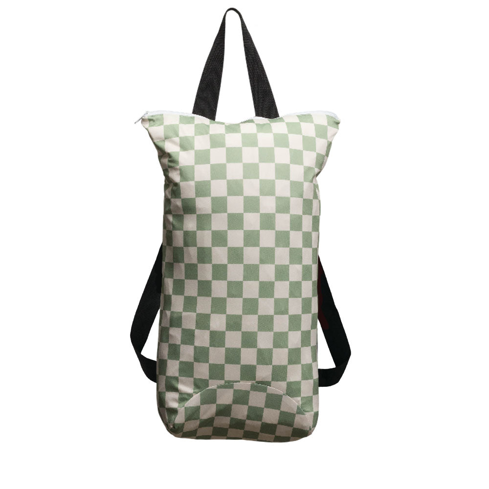 Green and white checkered swim bag with black straps on a white background