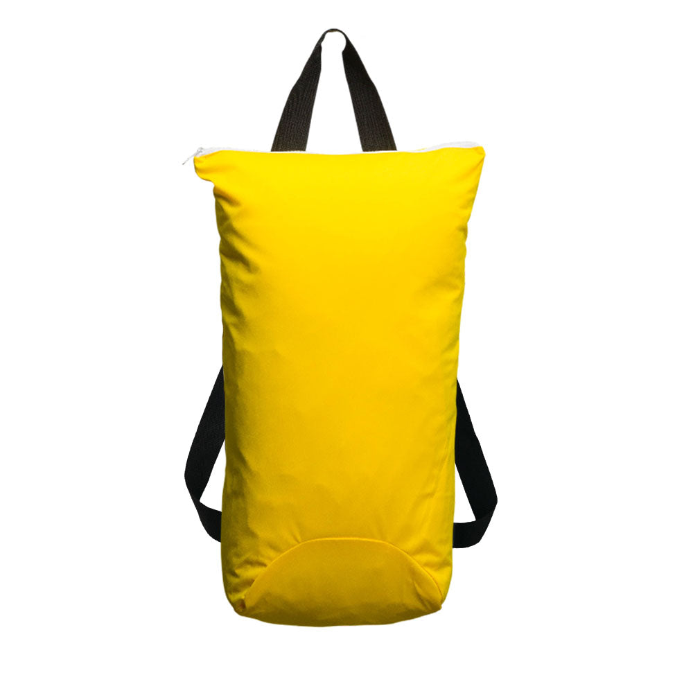 Yellow swim bag with black straps on a white background