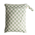 Green and white checkered double pocket wet bag with a drawstring on a white background