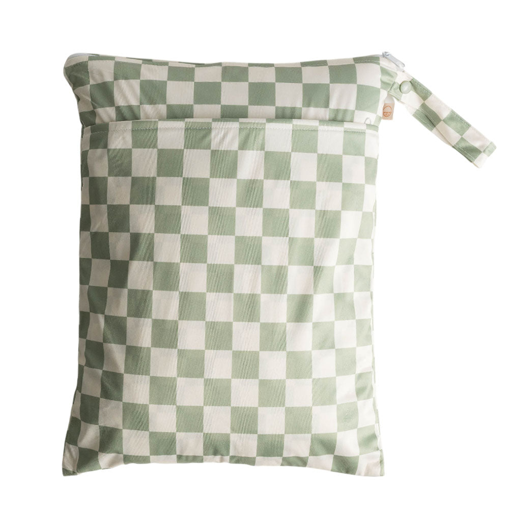 Green and white checkered double pocket wet bag with a drawstring on a white background