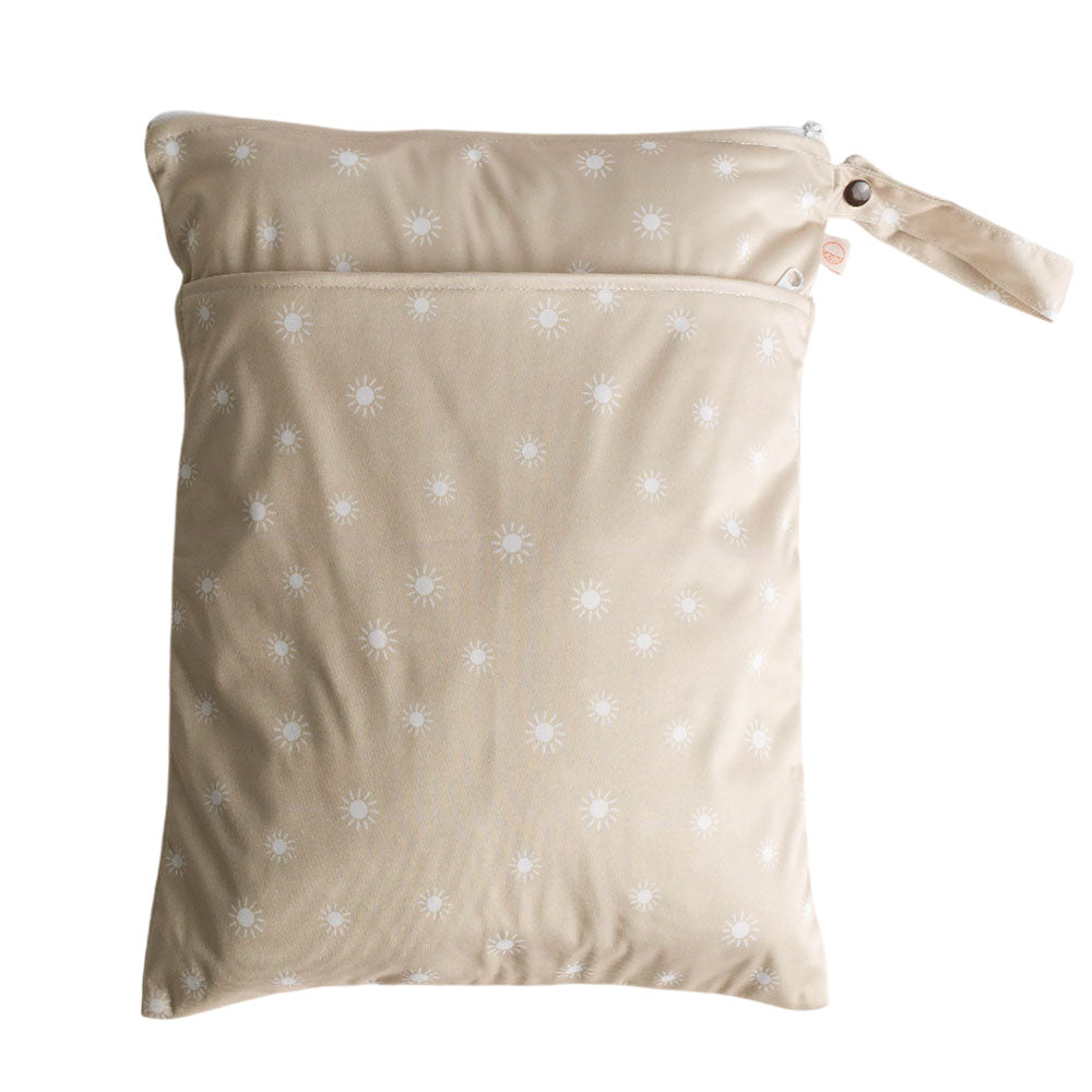 Beige double pocket wet bag with white sun pattern on a white background