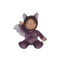 A small plush doll dressed in a purple hooded costume with bunny ears, brown curly hair, a tan face, and pale gray wings, shown on a plain white background.