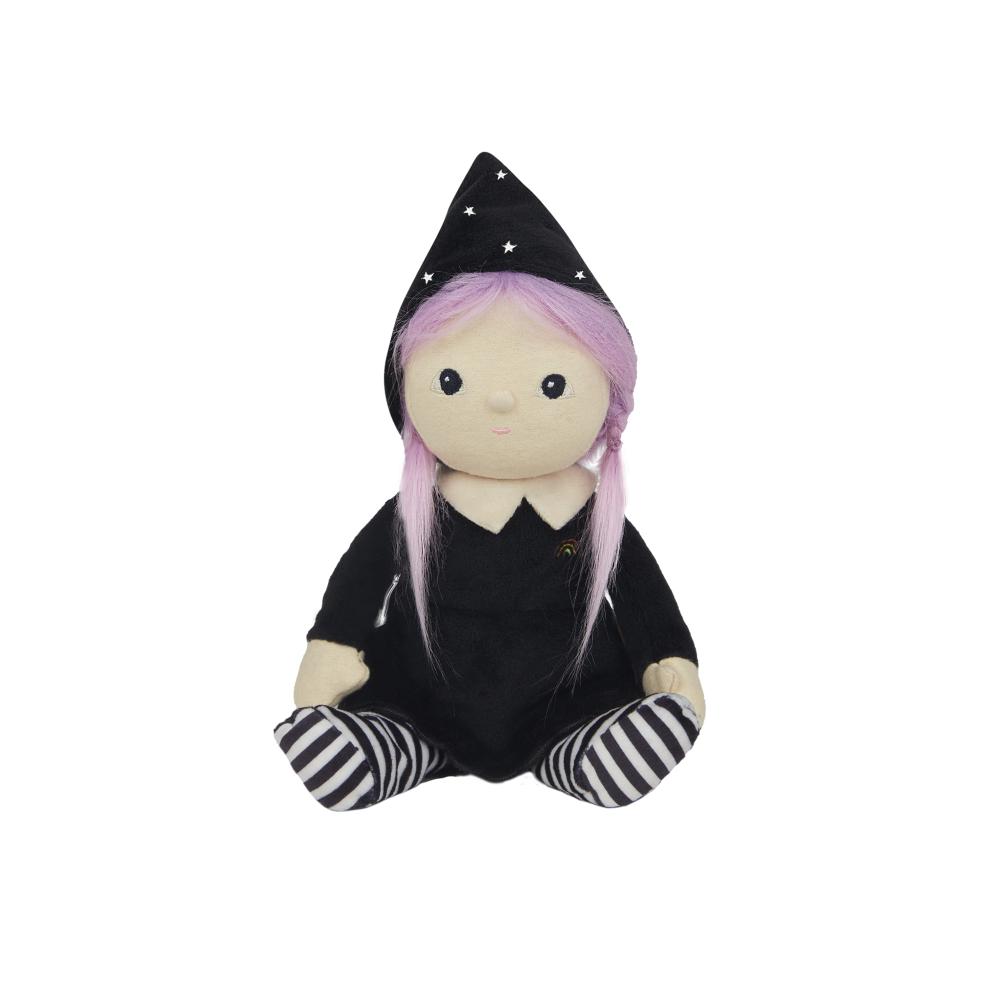 A cute witch doll plush toy with a black pointed hat decorated with white stars, a black dress, and black-and-white striped socks, featuring long pinkish-purple hair.