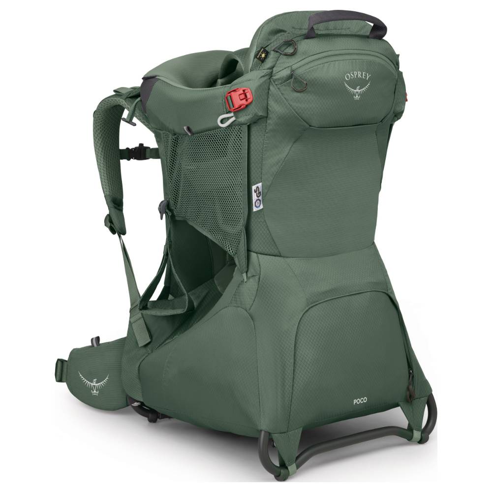 An Osprey Pico 100 child carrier backpack in olive green, shown from a three-quarter angle against a plain white background.