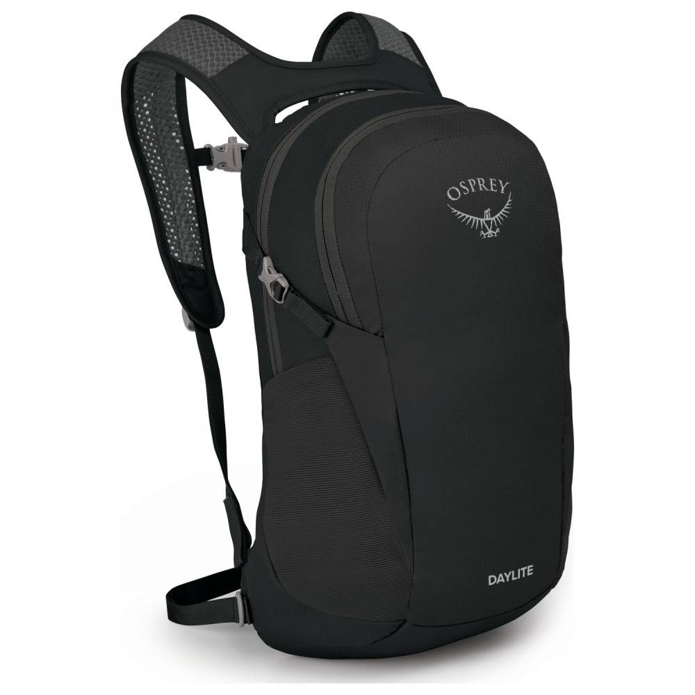 A black backpack on a white background. 
