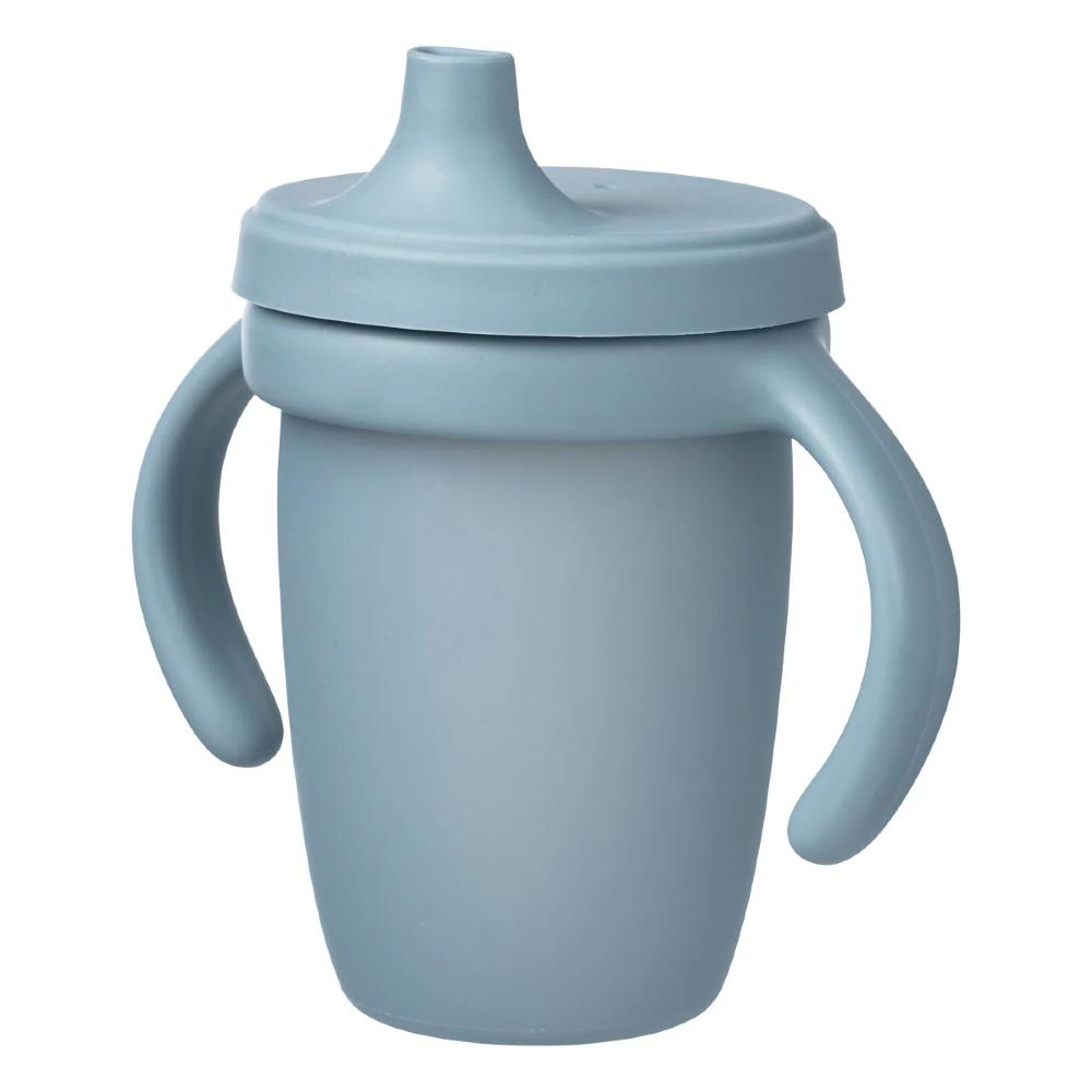 Blue sippy cup with handles on a white background