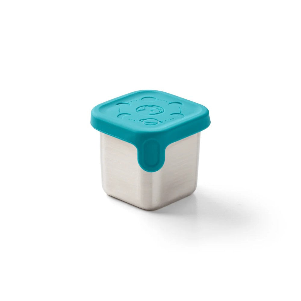 Small square container with a teal lid on a white background