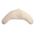 Beige crescent-shaped pregnancy pillow on a white background