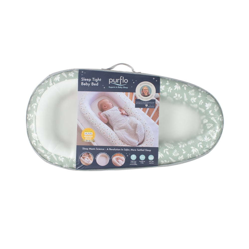Purflo Sleep Tight Baby Bed packaging on a white background
