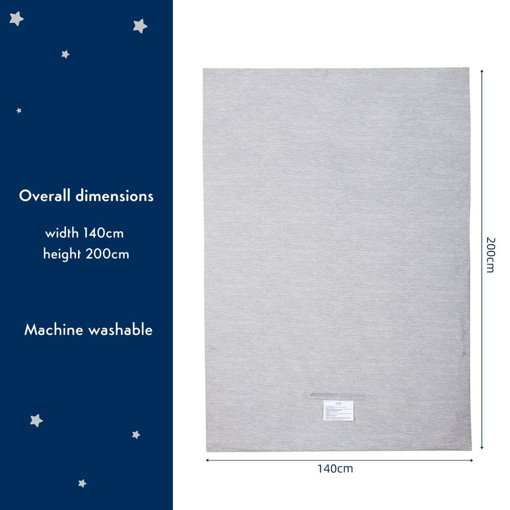 Gray blackout blind with dimensions and washing information on a blue background