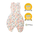Baby swaddle bag with floral pattern and awards on a white background