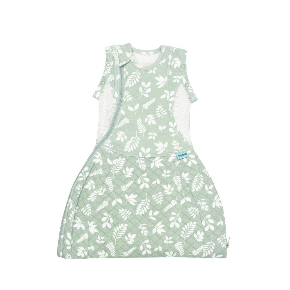 Green baby sleeping bag with white leaf pattern on a white background