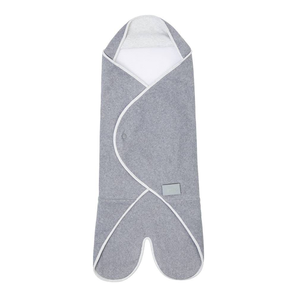 Gray baby travel blanket with white hood on a white background