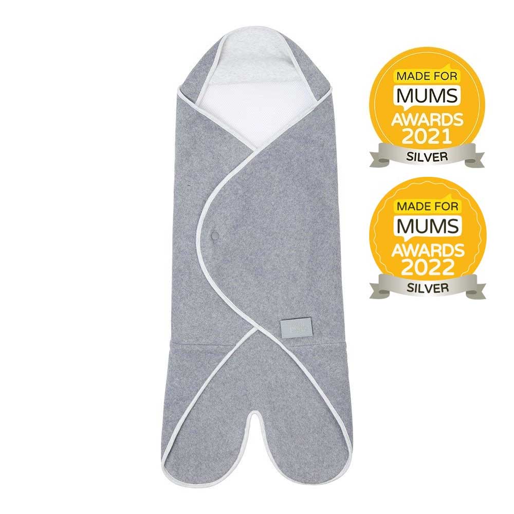 Gray and white baby travel blanket with 'Made for Mums' award badges on a white background