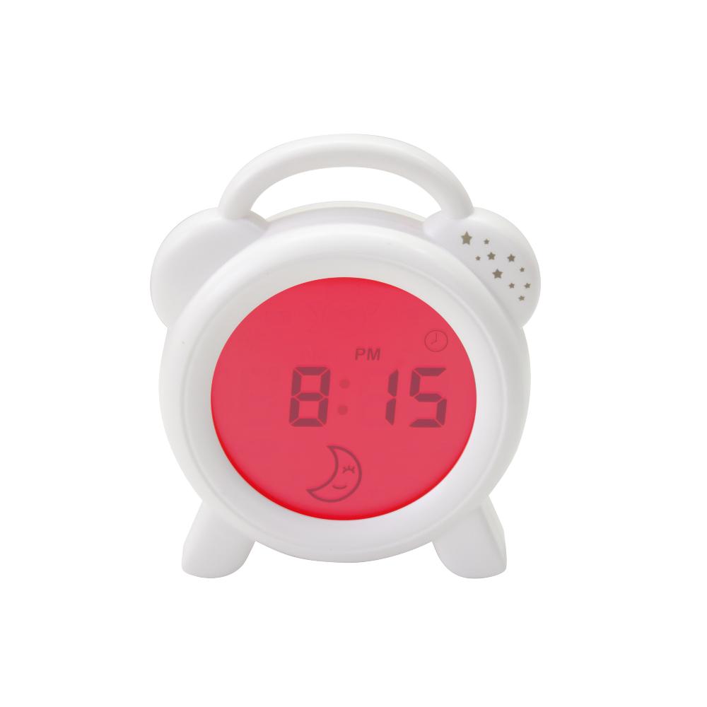 Digital sleep trainer clock with a red light display on a white background