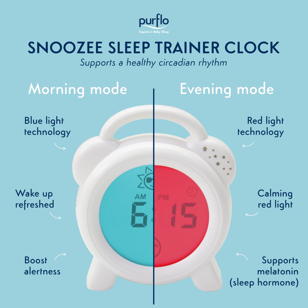 Snoozee sleep trainer clock with morning and evening mode features with red light display on blue background