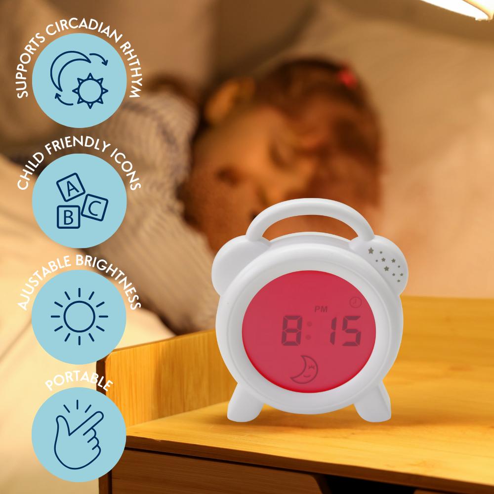 Children's alarm clock with digital red light display on a nightstand, child-friendly design features highlighted.