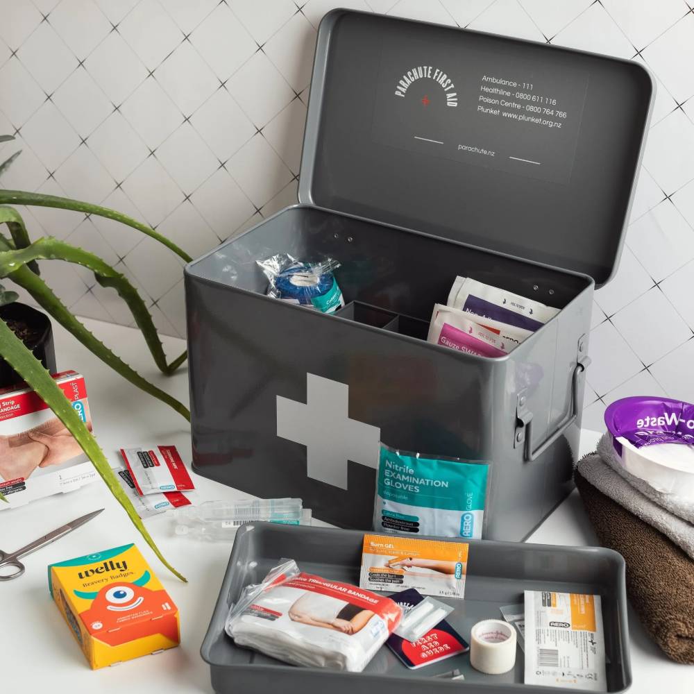Parachute first aid kit sitting on bench.