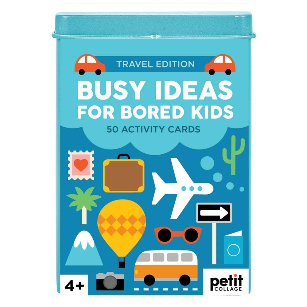 Pack of 'Busy Ideas for Bored Kids' activity cards with colorful illustrations on a blue background.