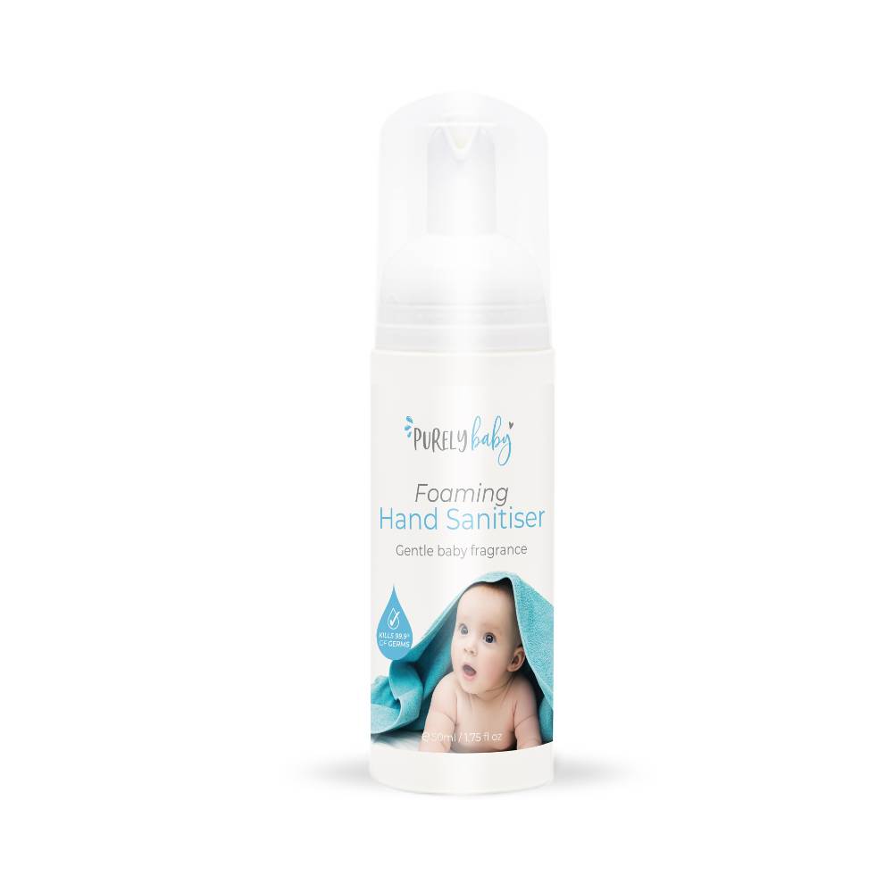 White Purely Baby sanitiser bottle against white background.