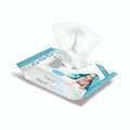 A package of Purely Baby Aqua Water Wipes with a single white wipe pulled out from the top, set against a plain white background.