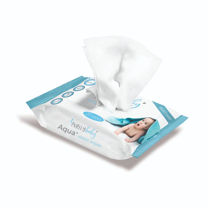 A package of Purely Baby Aqua Water Wipes with a single white wipe pulled out from the top, set against a plain white background.