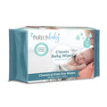 White and blue Purely Baby wipes pack against white background.