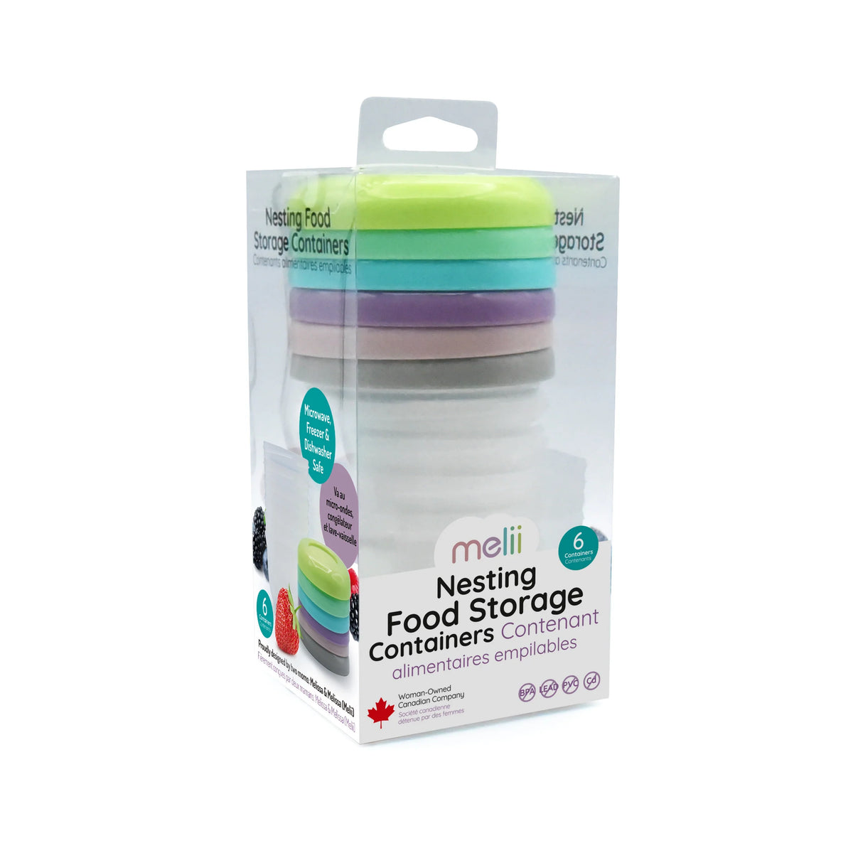 Melli Nesting Food Storage Containers in a clear plastic retail box, featuring six nested containers in lime green, teal, lavender, gray, and white.