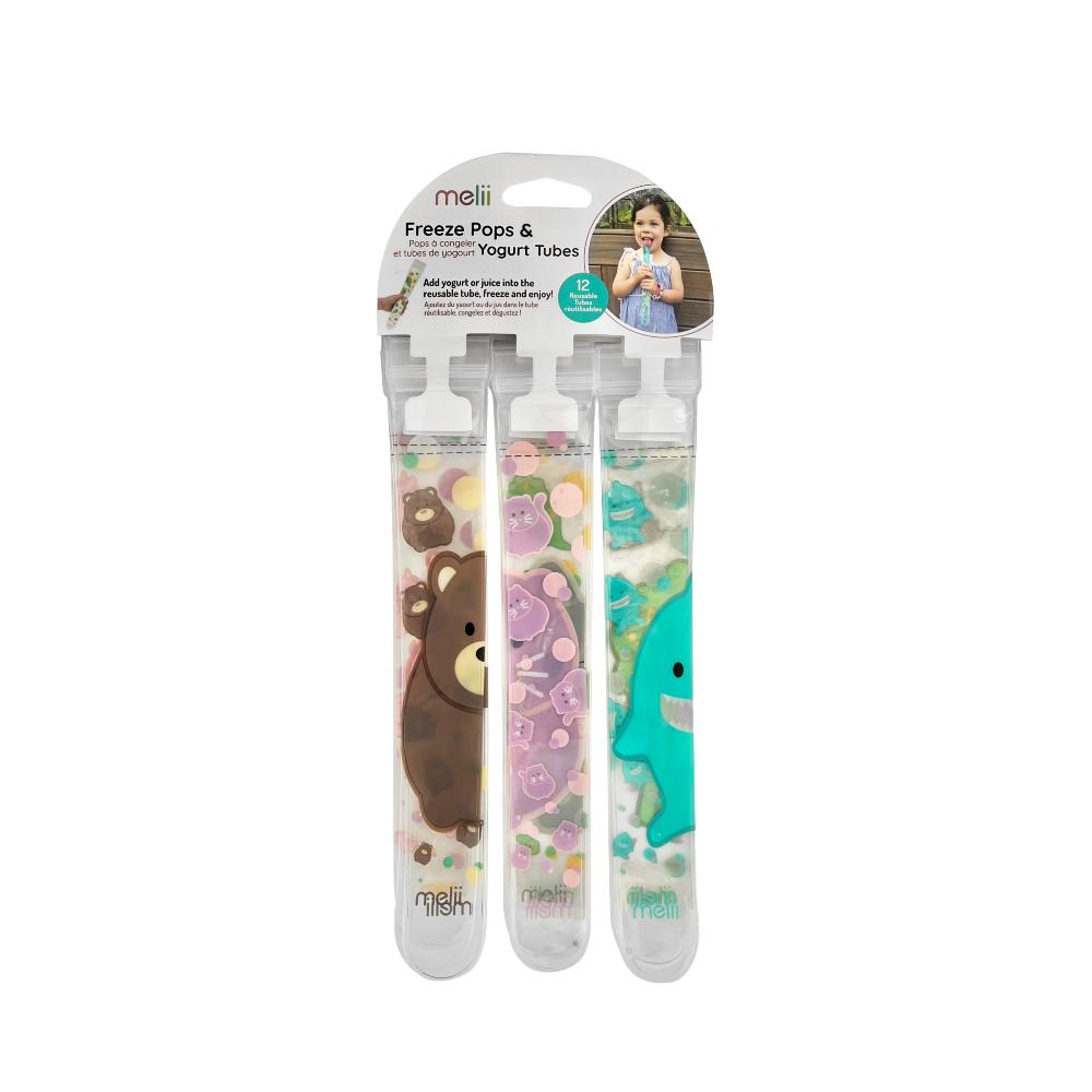 Set of three children's spoons with animal designs in packaging, featuring the brand 'meli'.