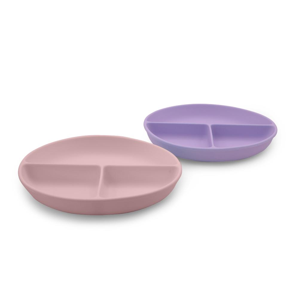 Two divided plates, one pink and one purple, on a white background
