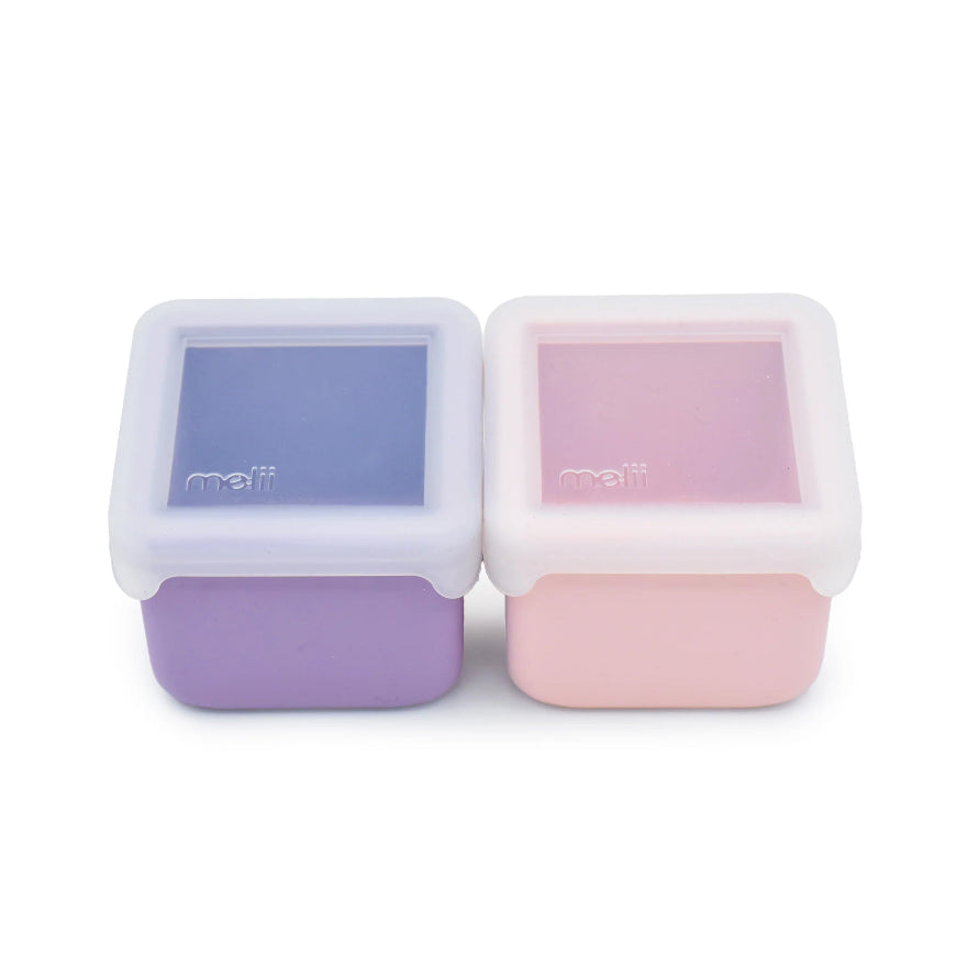2 pack of silicone snack pots in pink and purple on white background