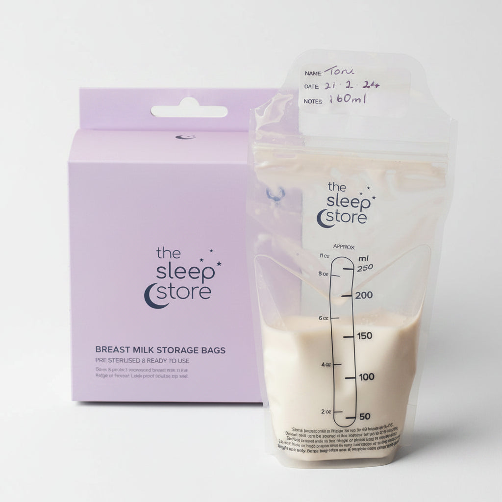 Sleep Store breast milk storage bag with packaging on a pink background