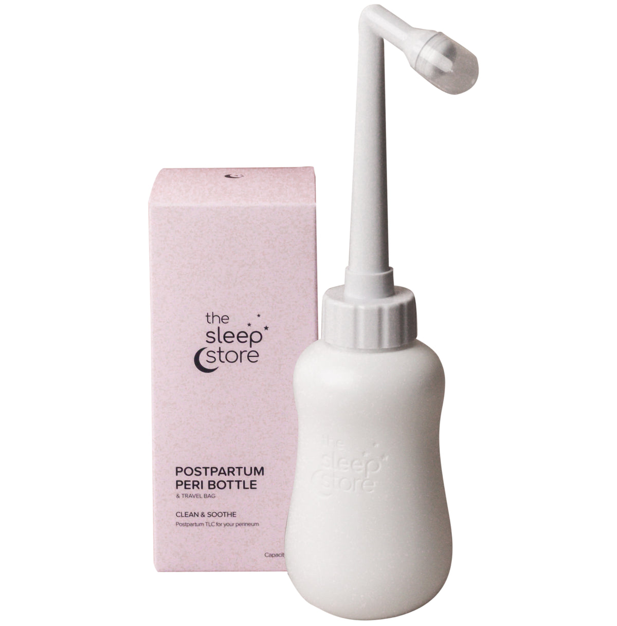 The Sleep Store perineum bottle with packaging on a white background