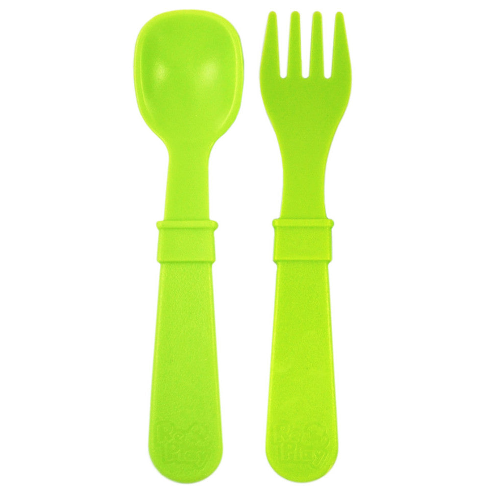 A Re-Play Fork and Spoon - Lime Green on a white background