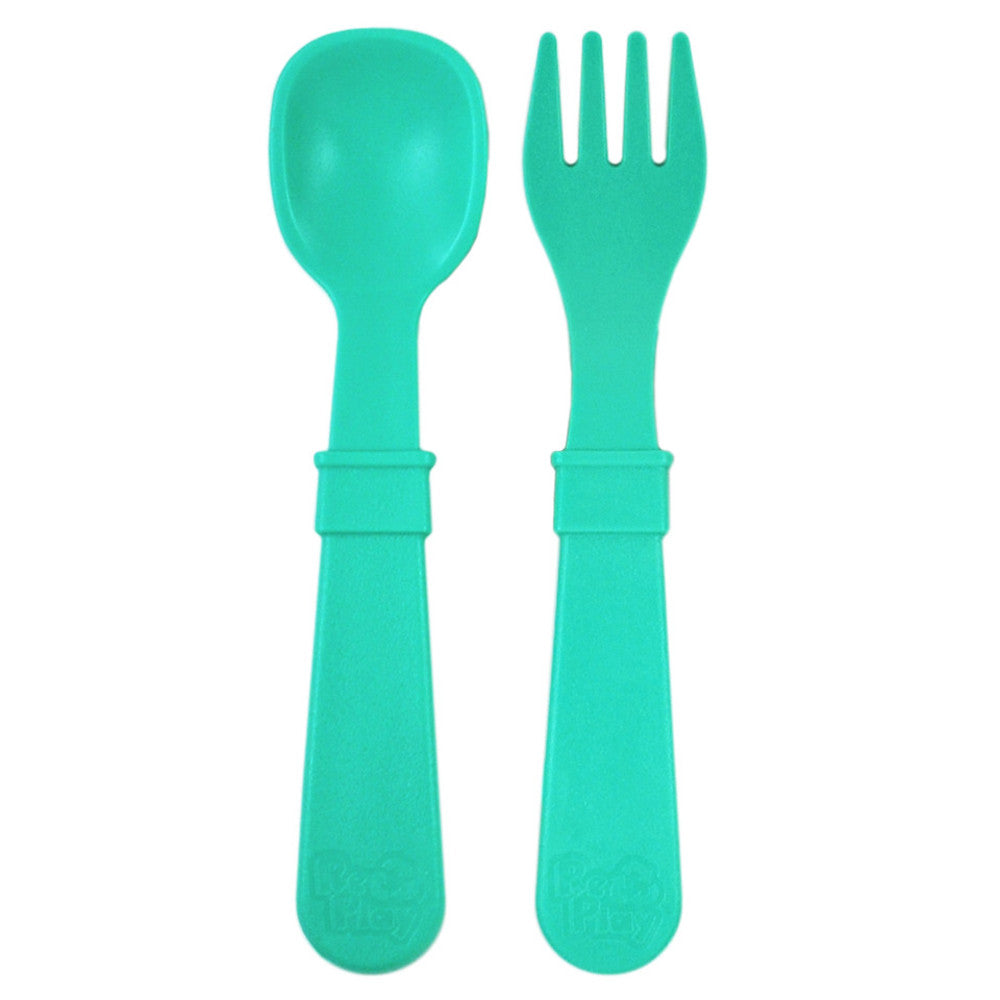 A Re-Play Fork and Spoon - Aqua on a white background