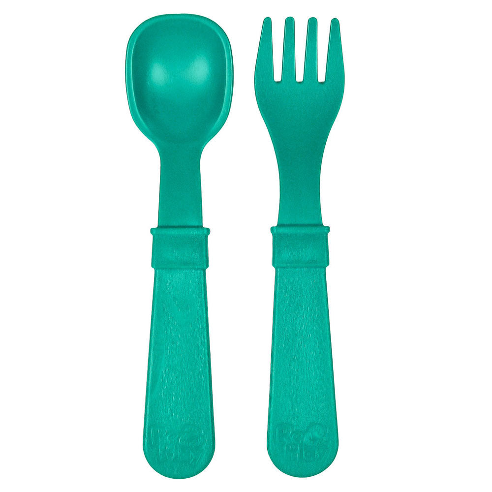 A Re-Play Fork and Spoon - Teal on a white background