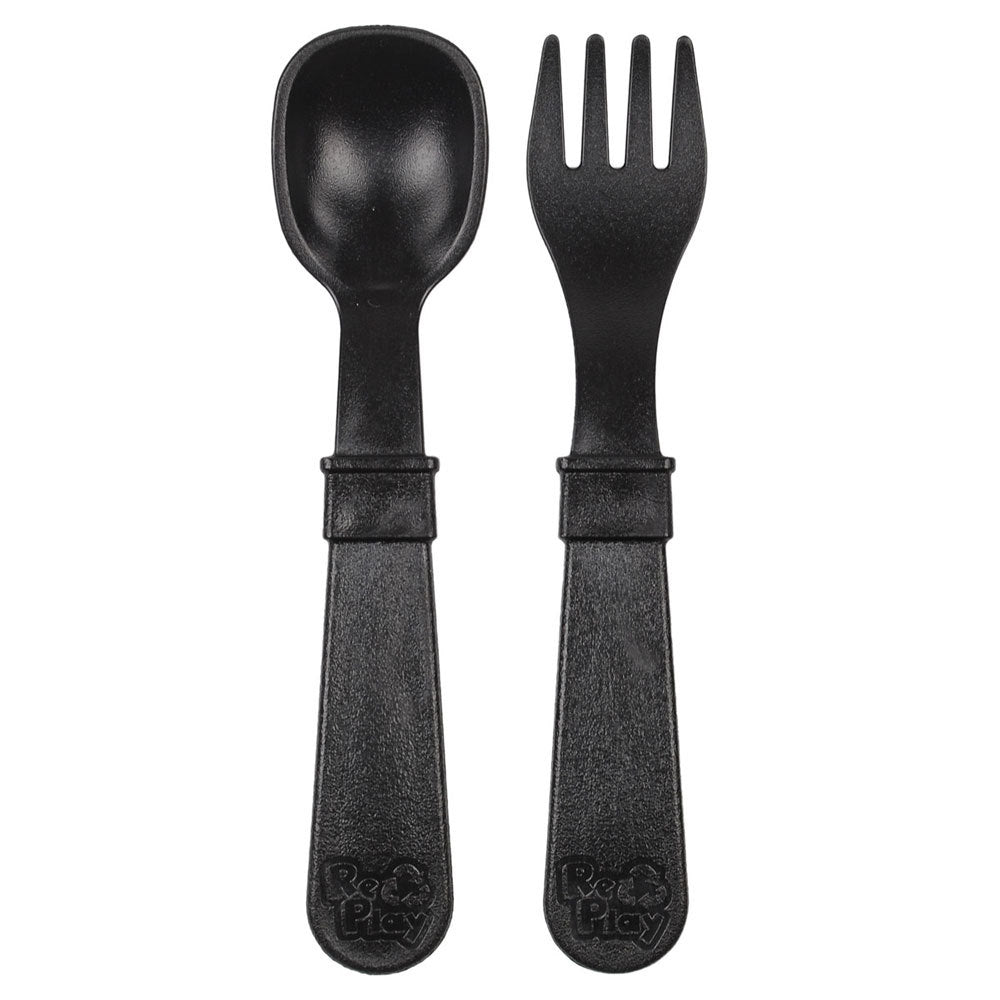A Re-Play Fork and Spoon - Black on a white background